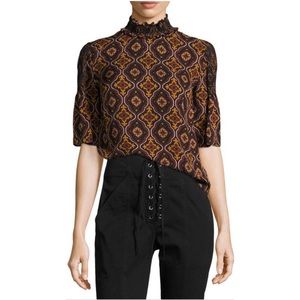 A.L.C.Miranda Printed Smocked-Collar Short-Sleeve Silk Top